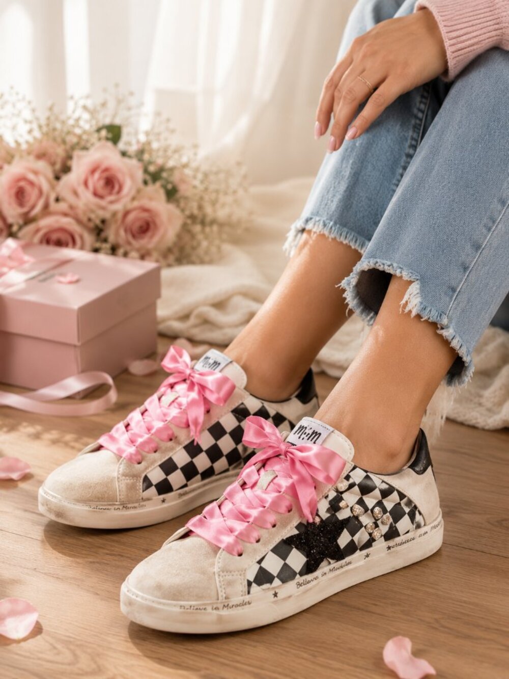 Gaby Checker Star Sneakers Size 6 Pink Satin Laces Rhinestone Low Top Shoes